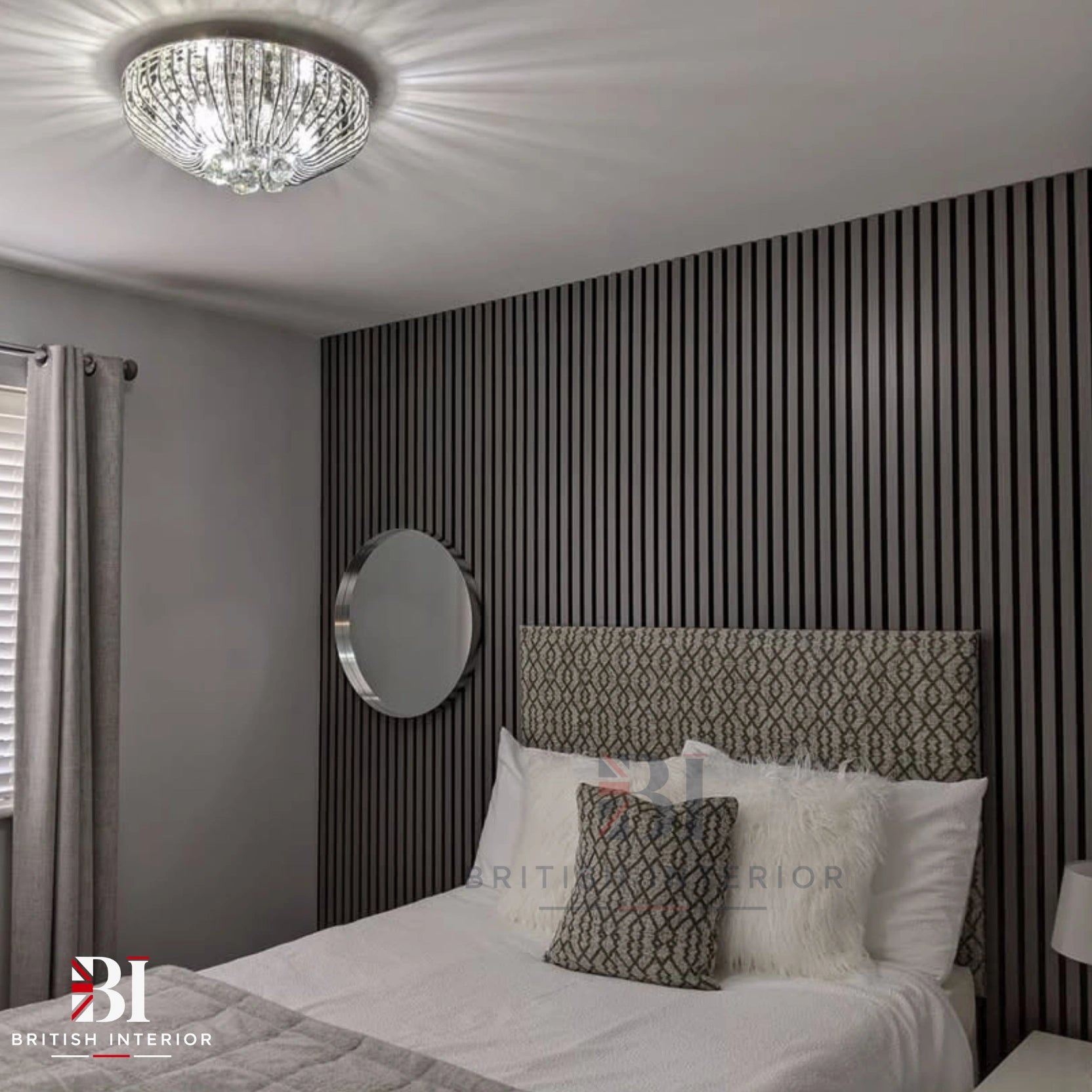 Grey oak slatted panels installed behind a bed for a contemporary bedroom design