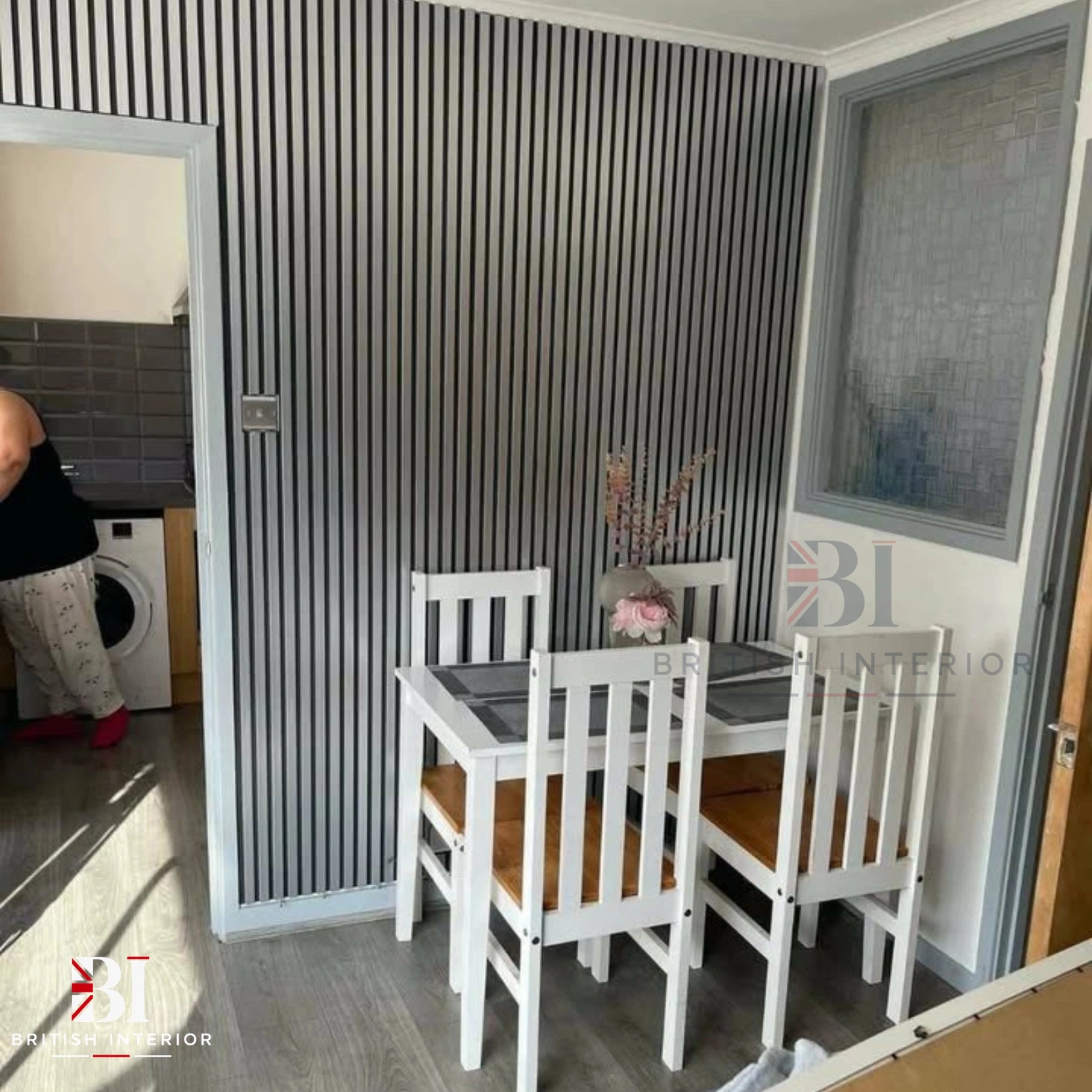 Grey oak slatted wall panels shown in a modern interior installation setting