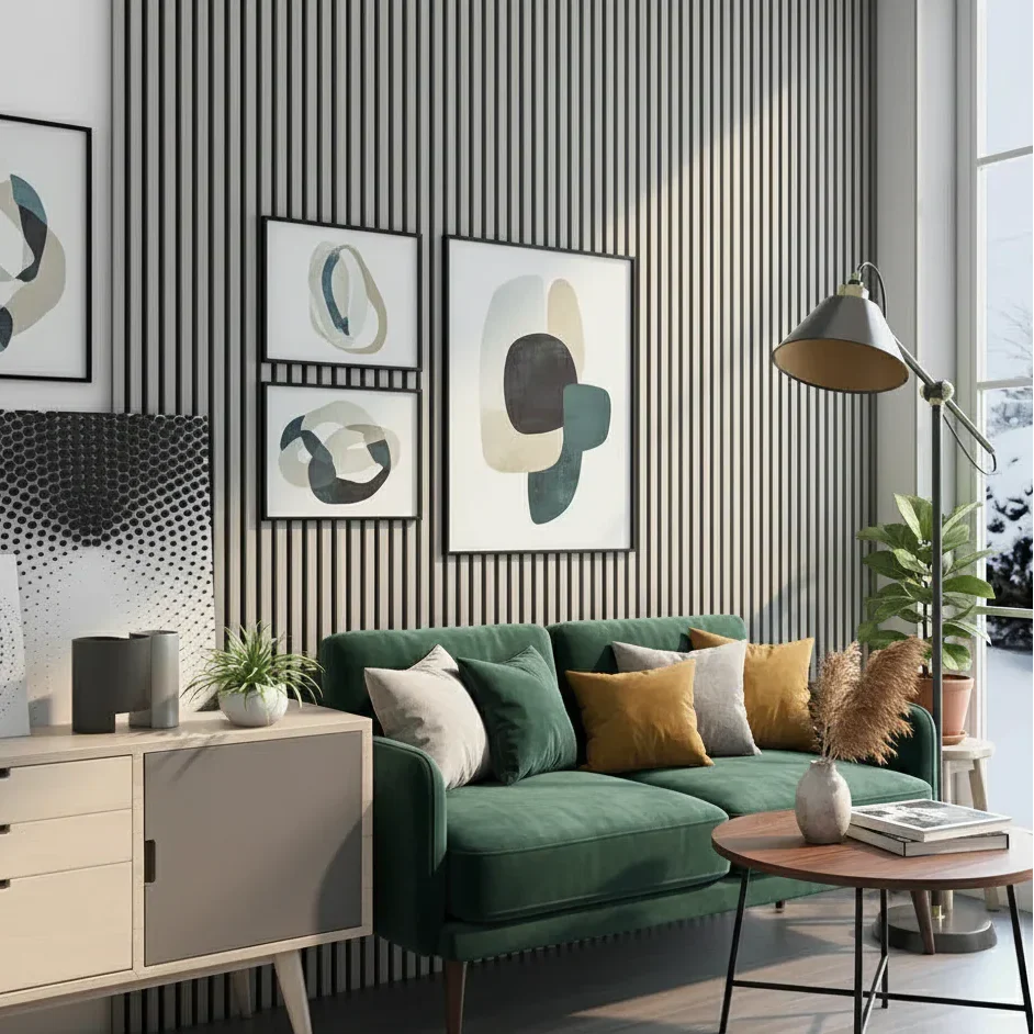 Grey Oak slatted acoustic wall panel in living room