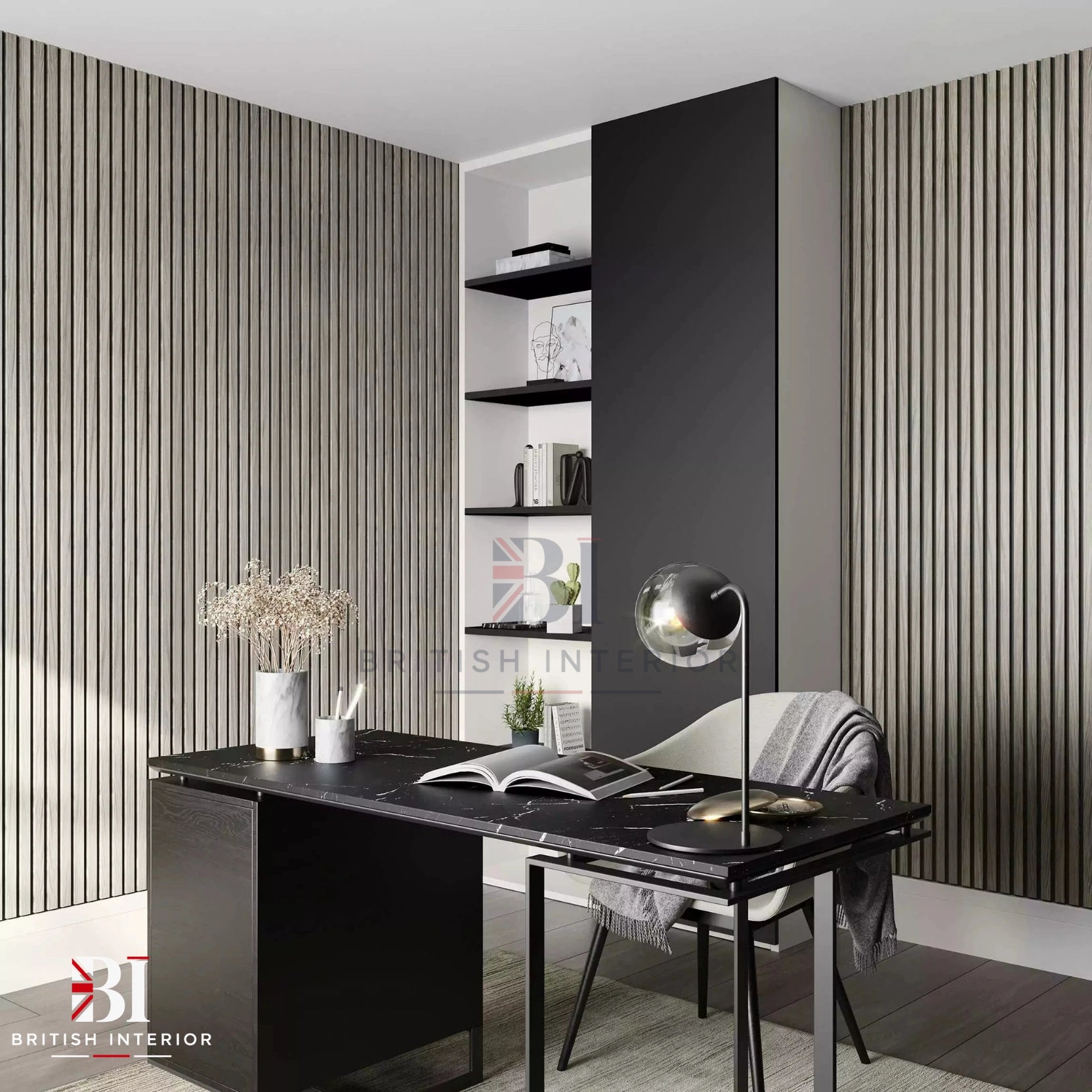 Grey oak vertical wall slats adding texture to a contemporary study room in tall size