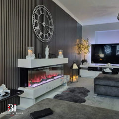 Grey oak acoustic slat wall panels behind a television in a modern living room