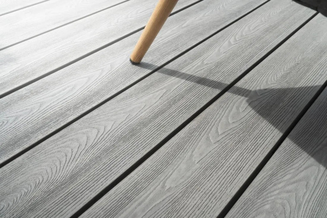 Grey outdoor composite decking boards for gardens