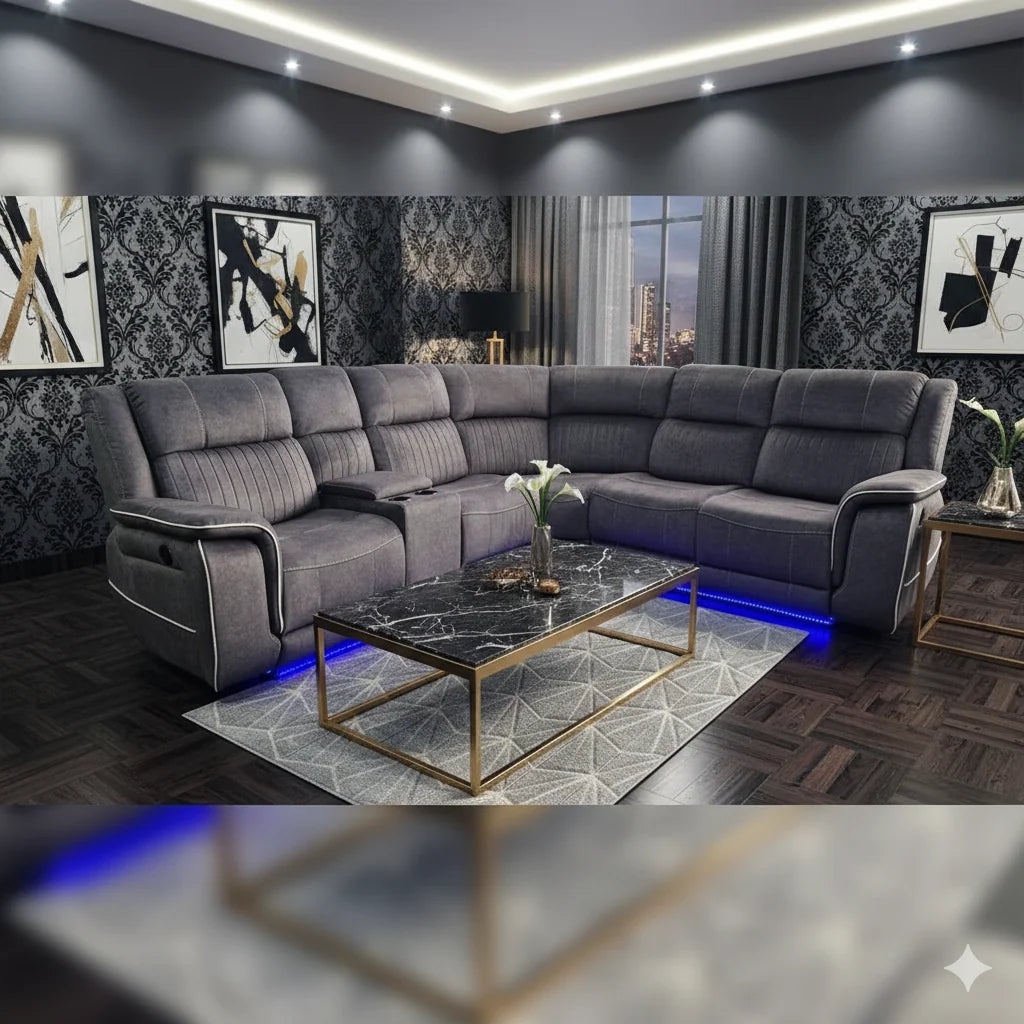 Hannah grey fabric electric corner sofa with LED lights