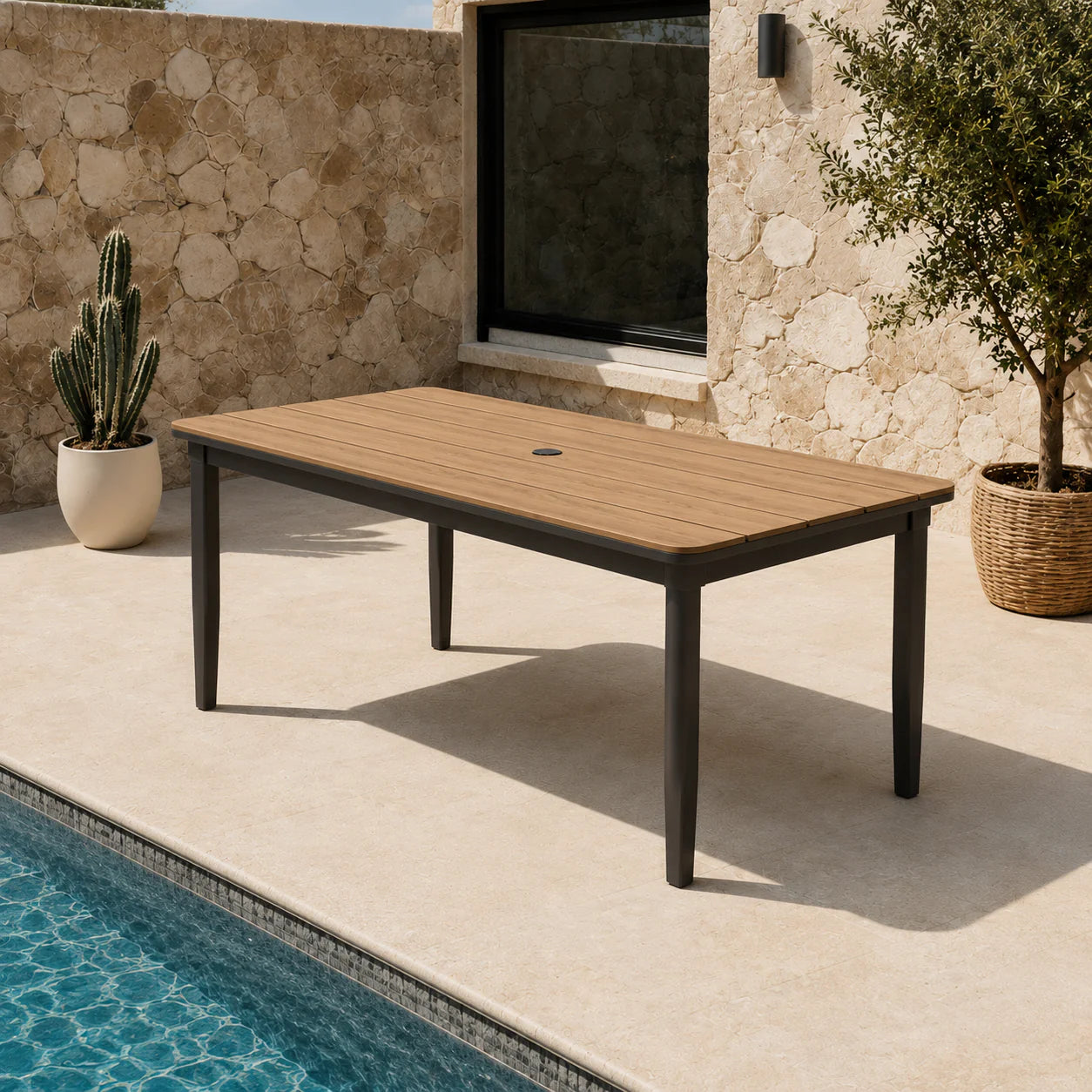 Wooden outdoor table with black legs 