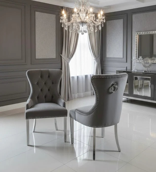 Henley grey velvet ring knocker chairs with an elegant decorative back for luxury dining