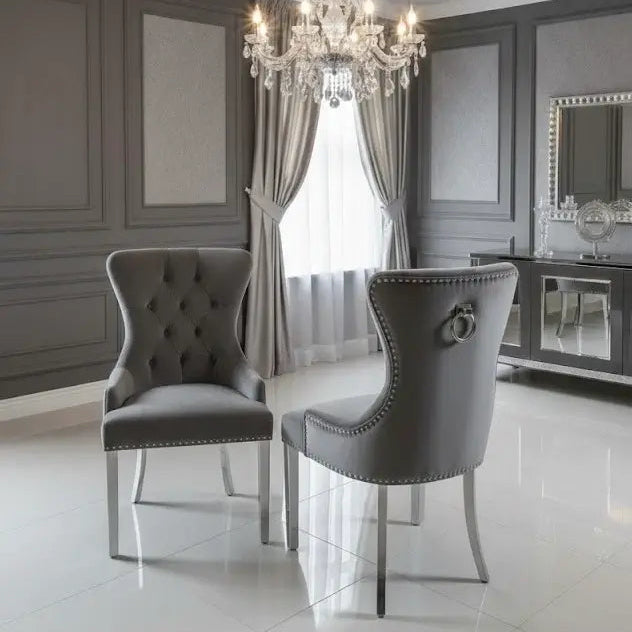 Henley knocker dining chair with soft upholstered seat and decorative chrome ring.