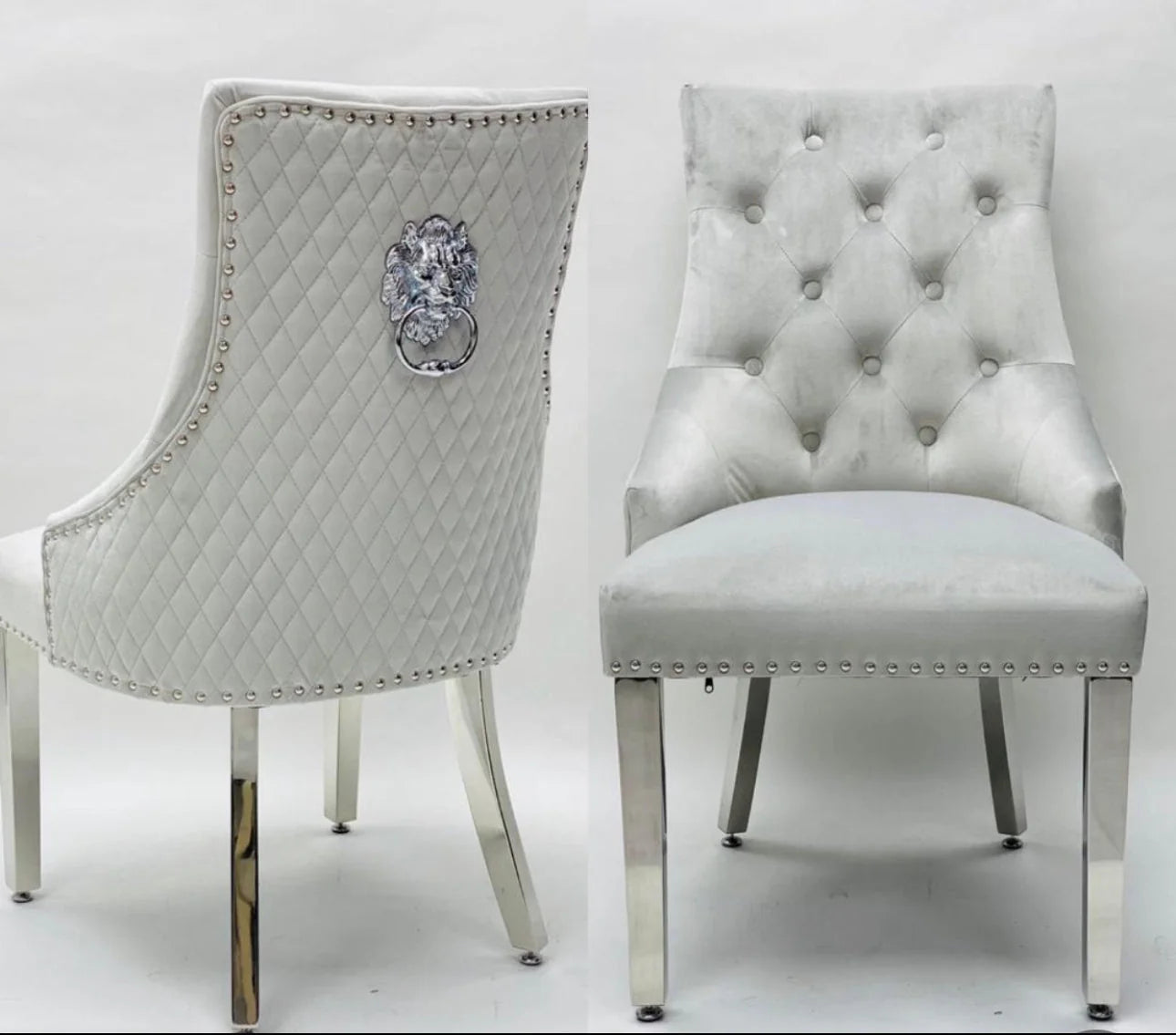 High-back velvet dining chairs with elegant lion knocker detailing for comfortable family dining in a stylish home