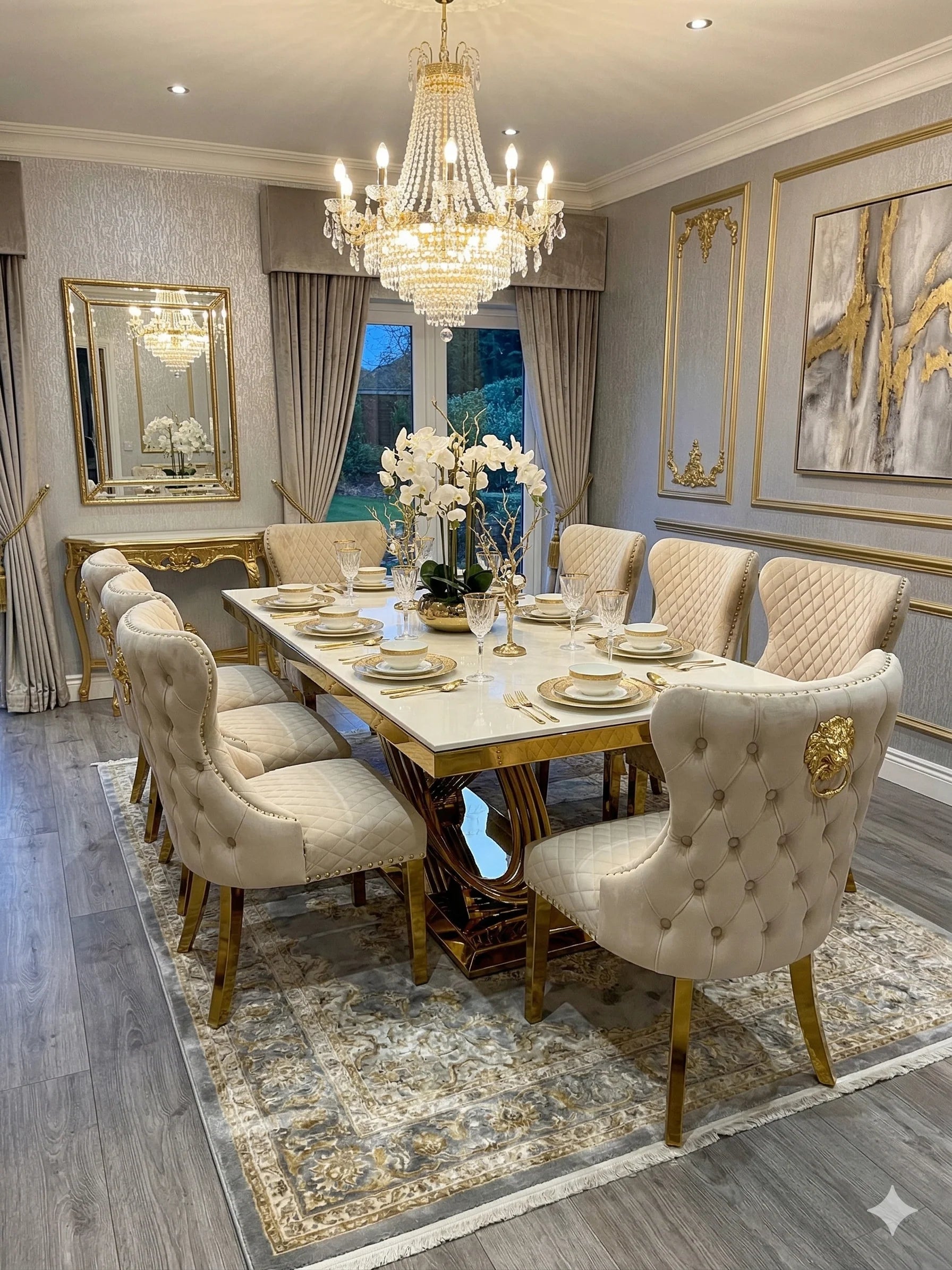 High-end dining table set with cream marble finish and Valentino Gold Chairs for elegant UK interiors