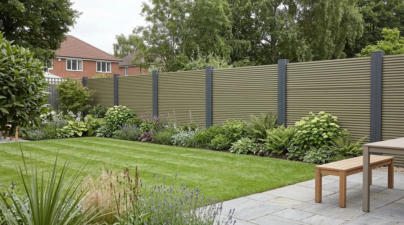 Khaki composite wall cladding used for a modern fencing feature