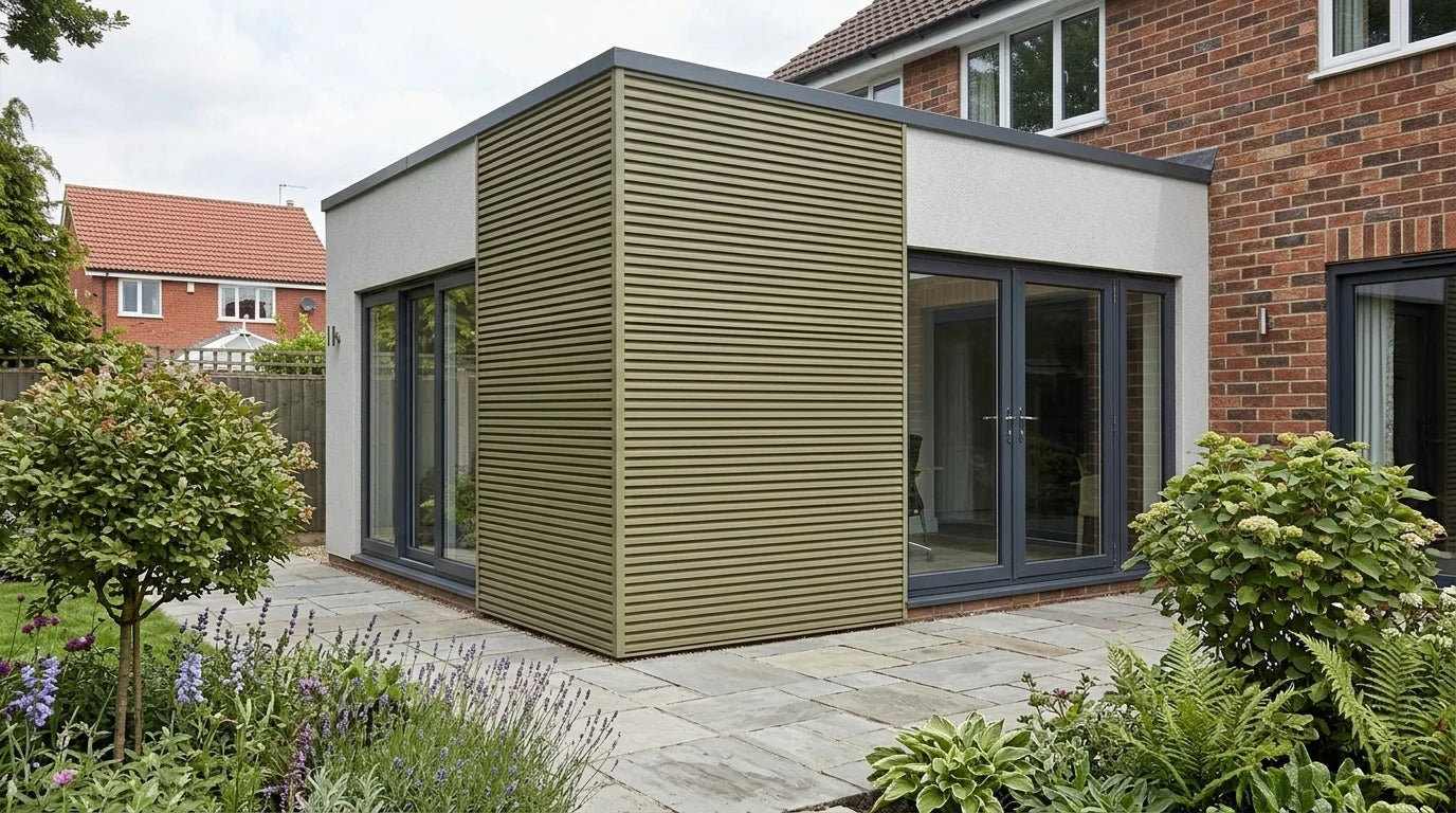 Khaki composite wall cladding on a modern garden room exterior uk