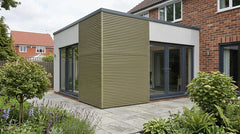 Khaki composite wall cladding on a modern garden room exterior uk