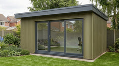 Khaki composite wall cladding on a modern garden room exterior