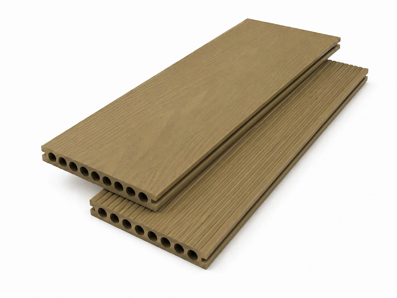Detailed view of khaki composite decking board surface