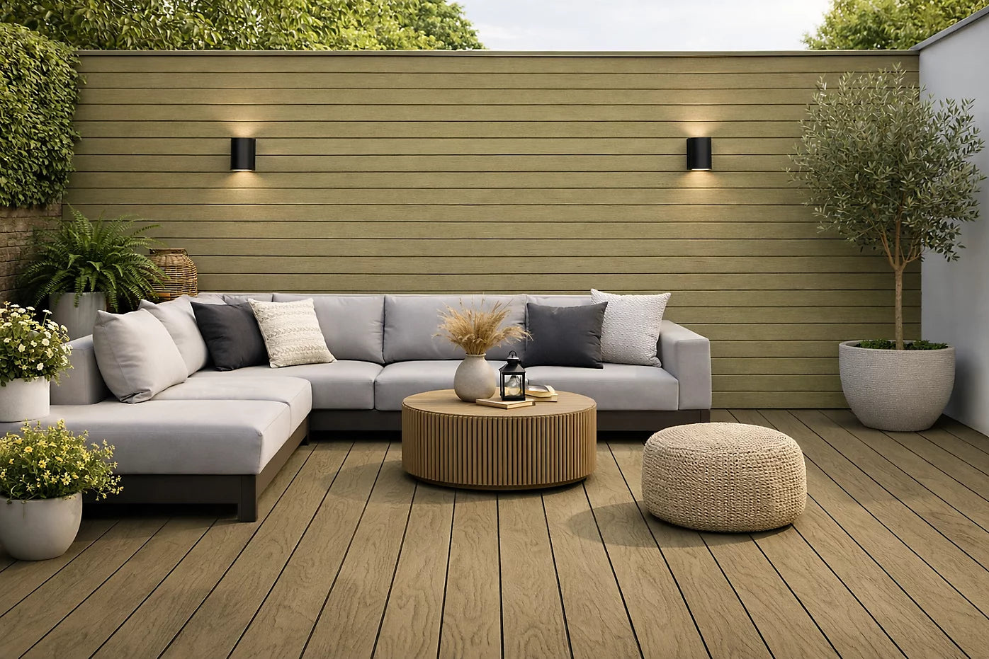 Khaki composite decking installed in a garden