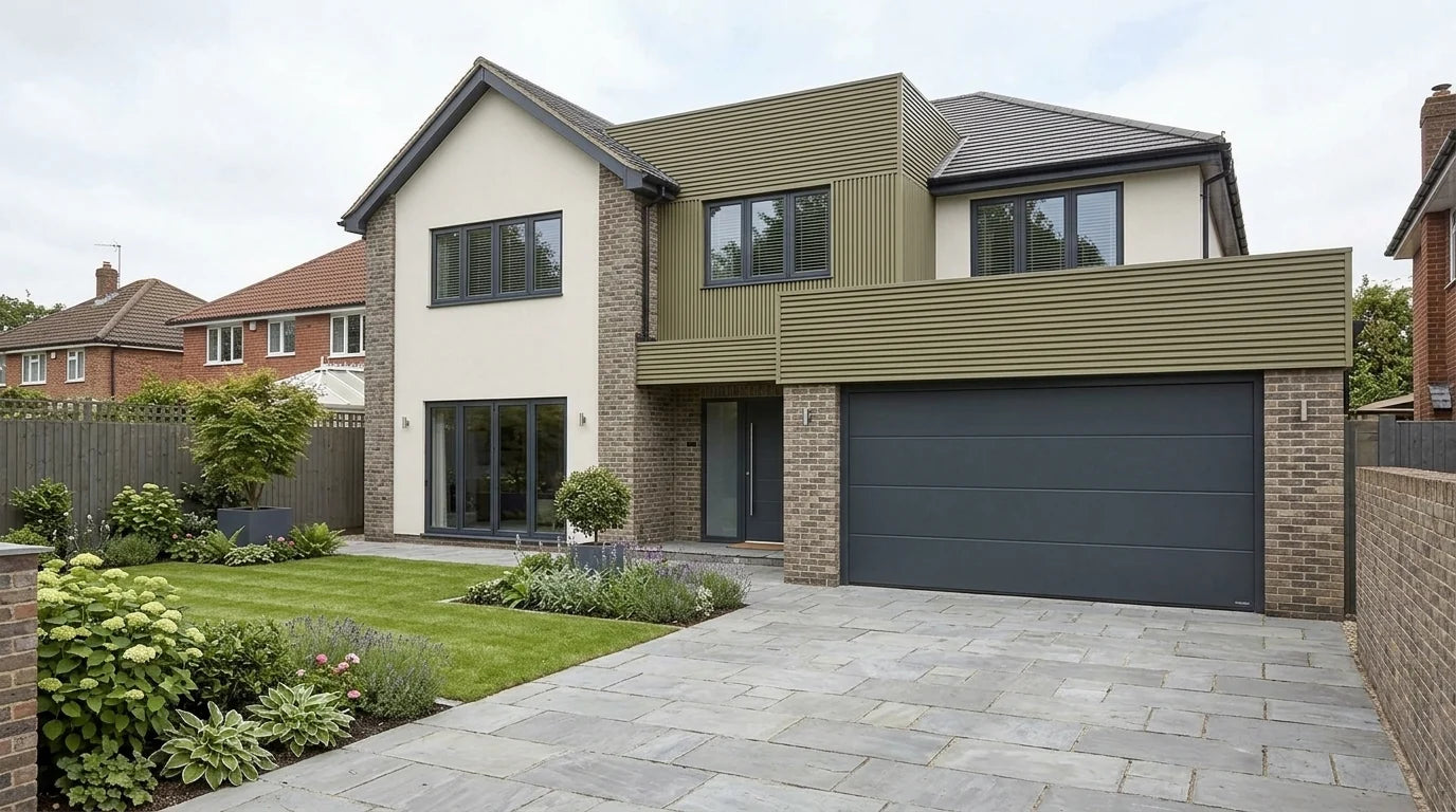 Khaki composite exterior cladding on a contemporary house façade