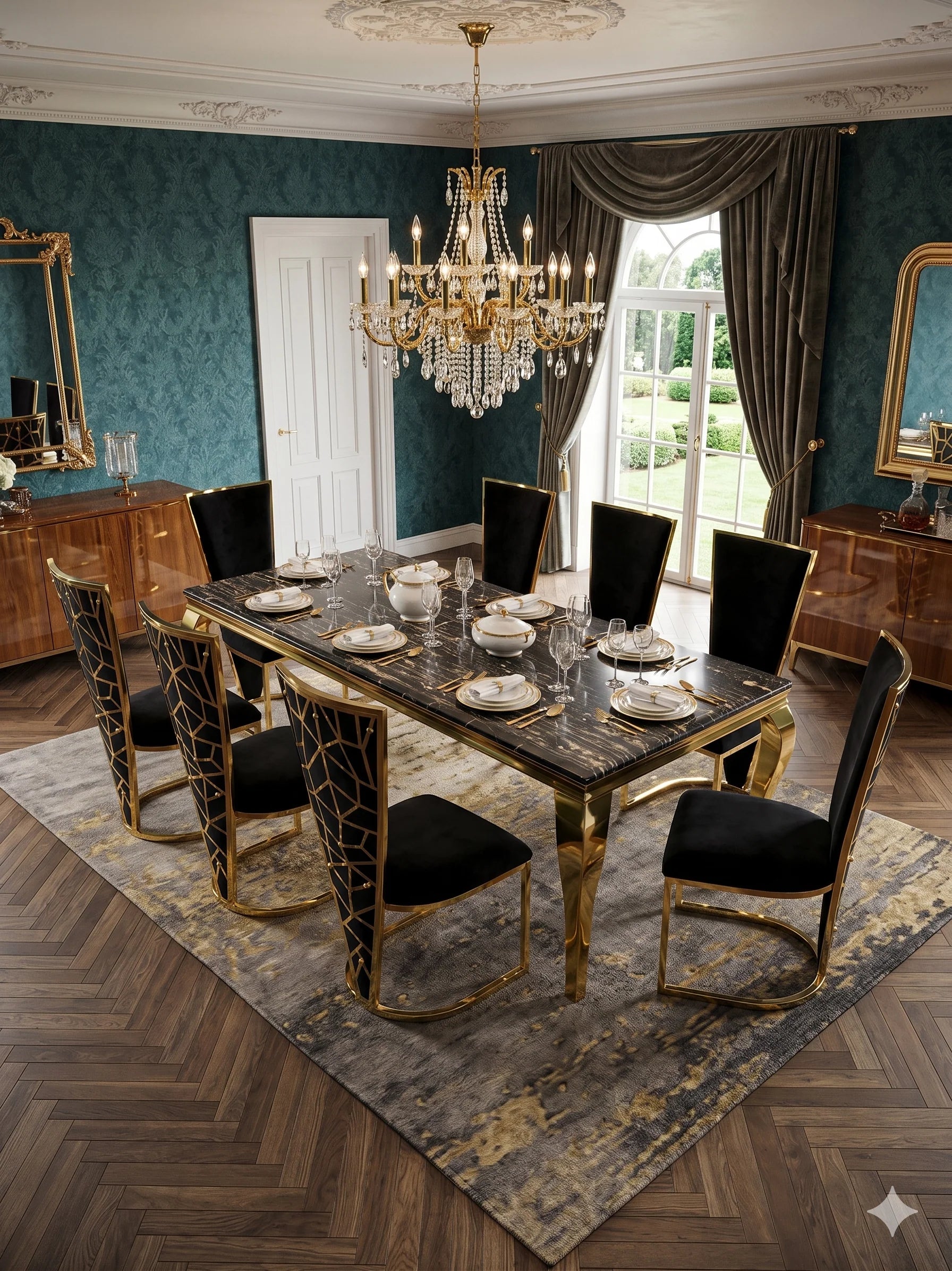 Premium marble dining suite with elegant fabric dining chairs for sophisticated interiors in Beaconsfield, Gerrards Cross and Buckinghamshire