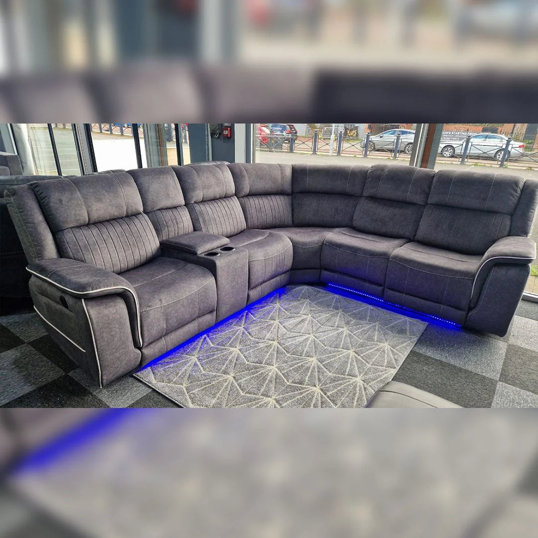 Large grey electric corner sofa for home cinema