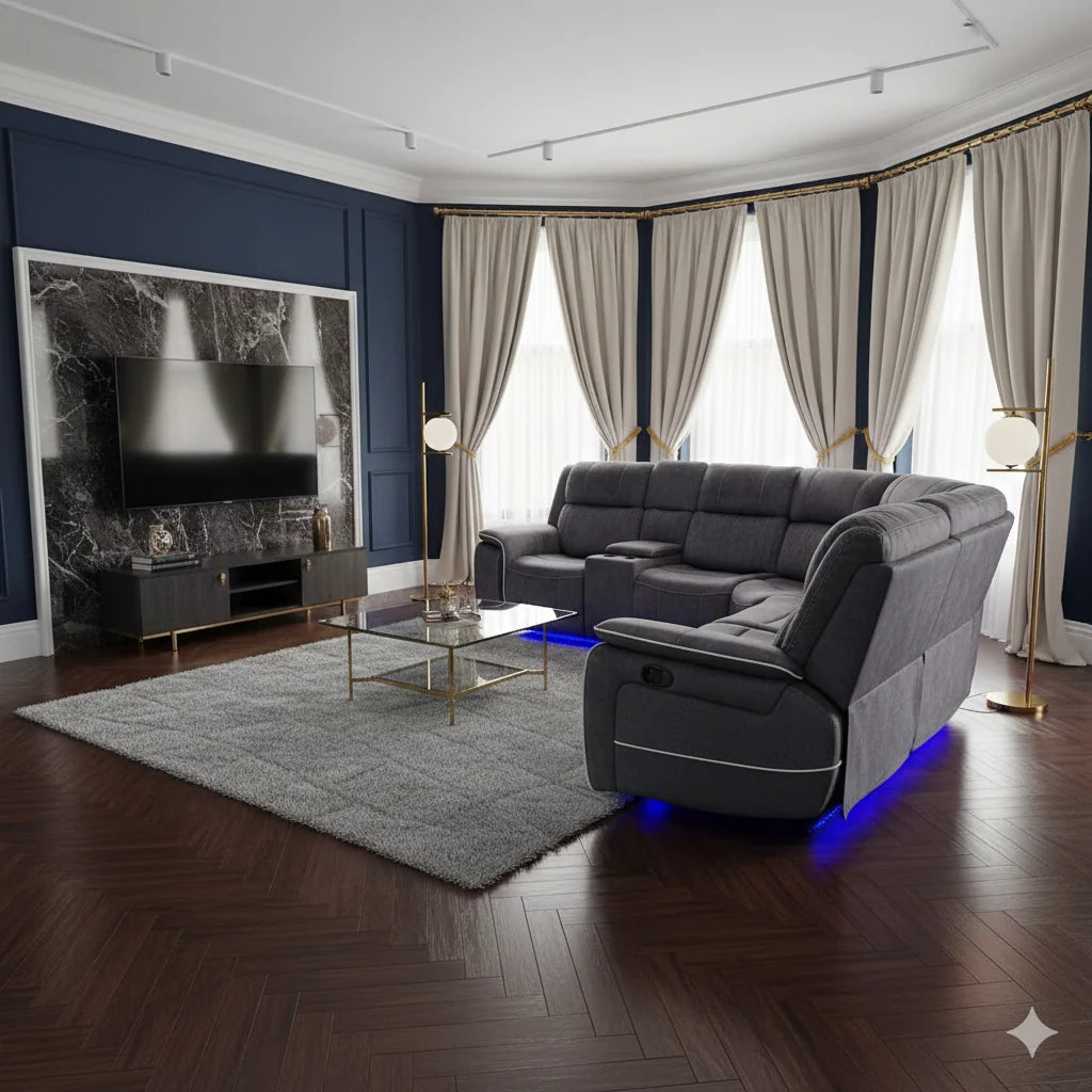 Large grey electric corner sofa for home cinema