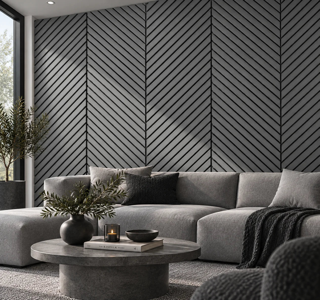 Light grey acoustic slat panel for an interior feature wall