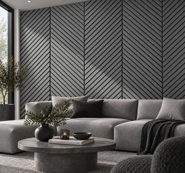 Light grey acoustic slat panel for an interior feature wall