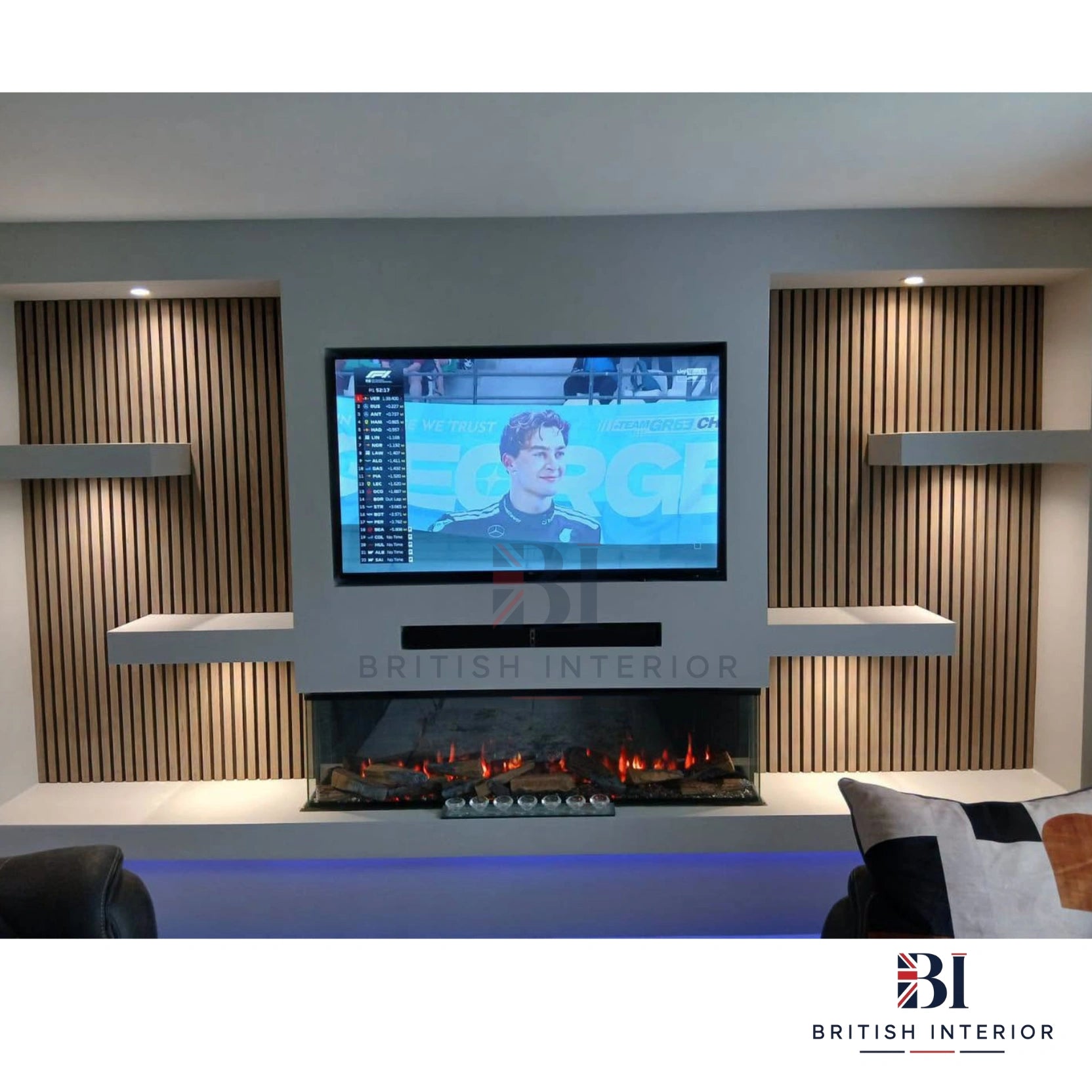Light Oak acoustic slatted panel for a TV media wall
