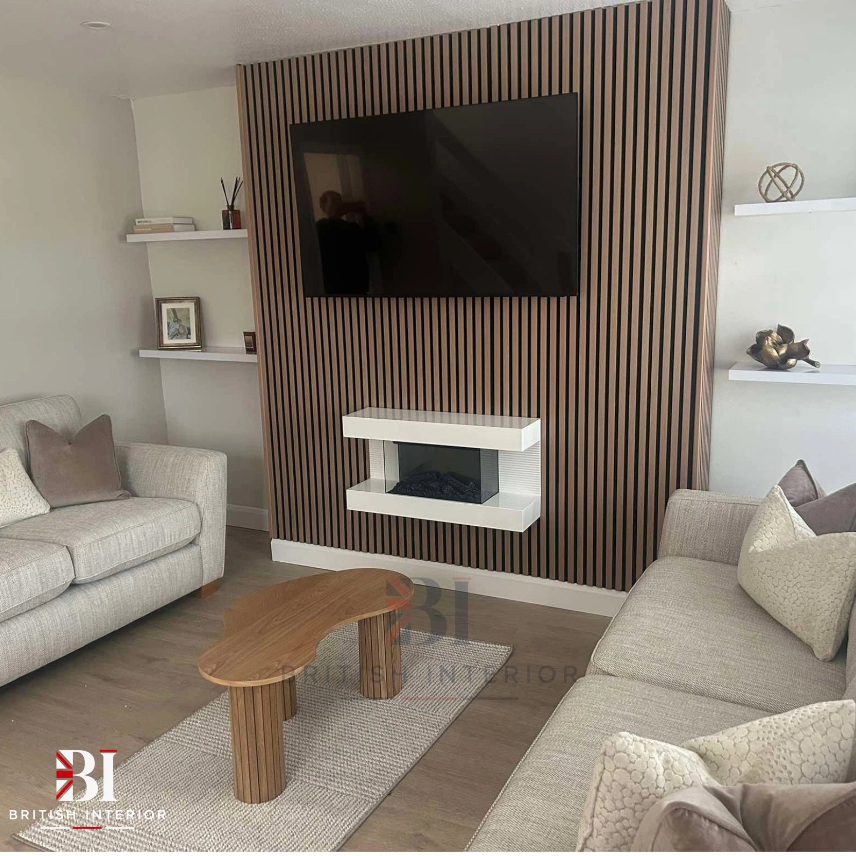 Light Oak slat wall panel in a modern living room