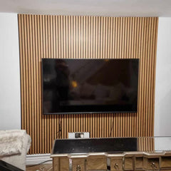 Light Oak slatted wall panels creating a contemporary feature wall