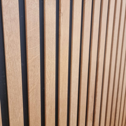 Light Oak WPC slatted panels surrounding a modern media wall