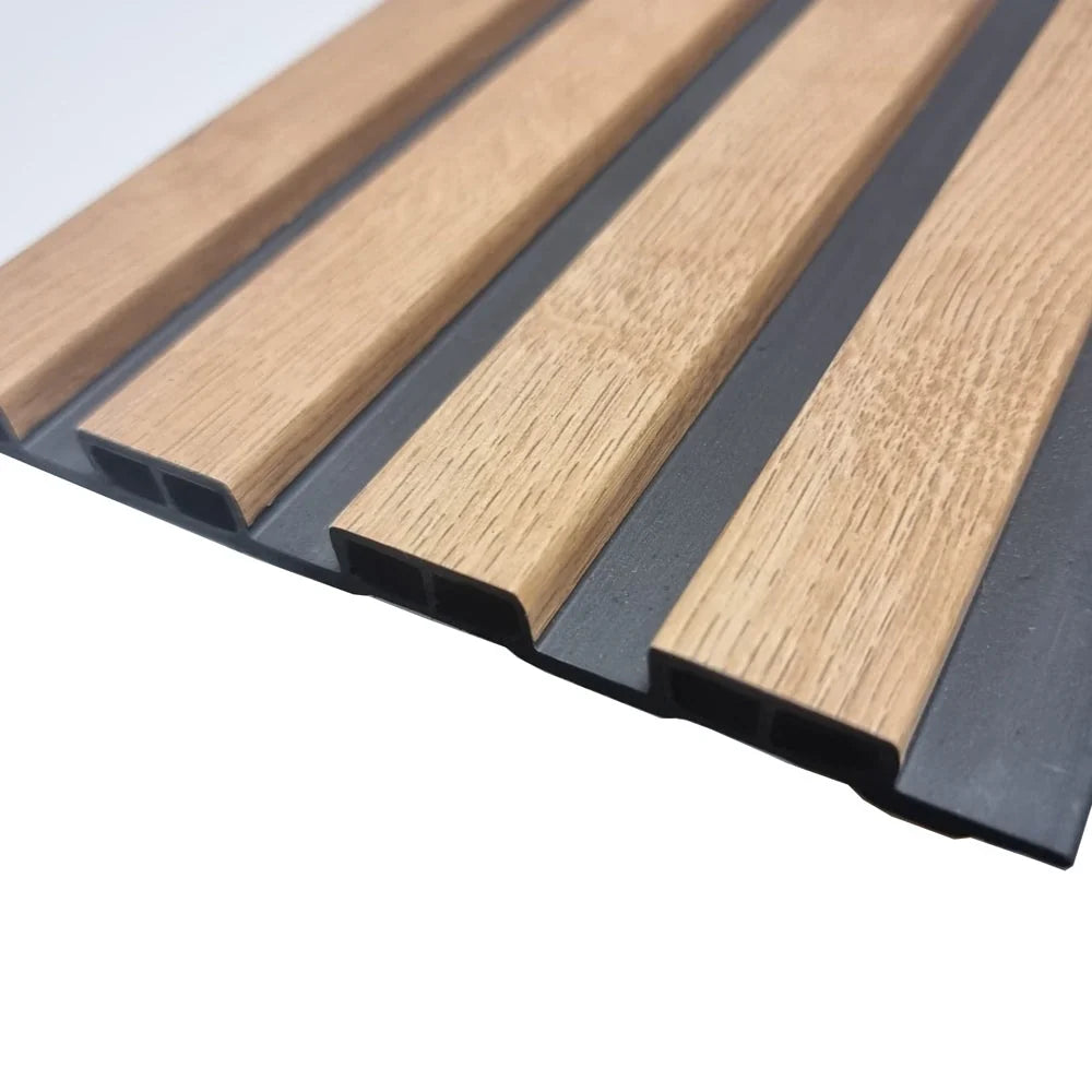 Close-up of Light Oak WPC panel with textured wood-effect surface