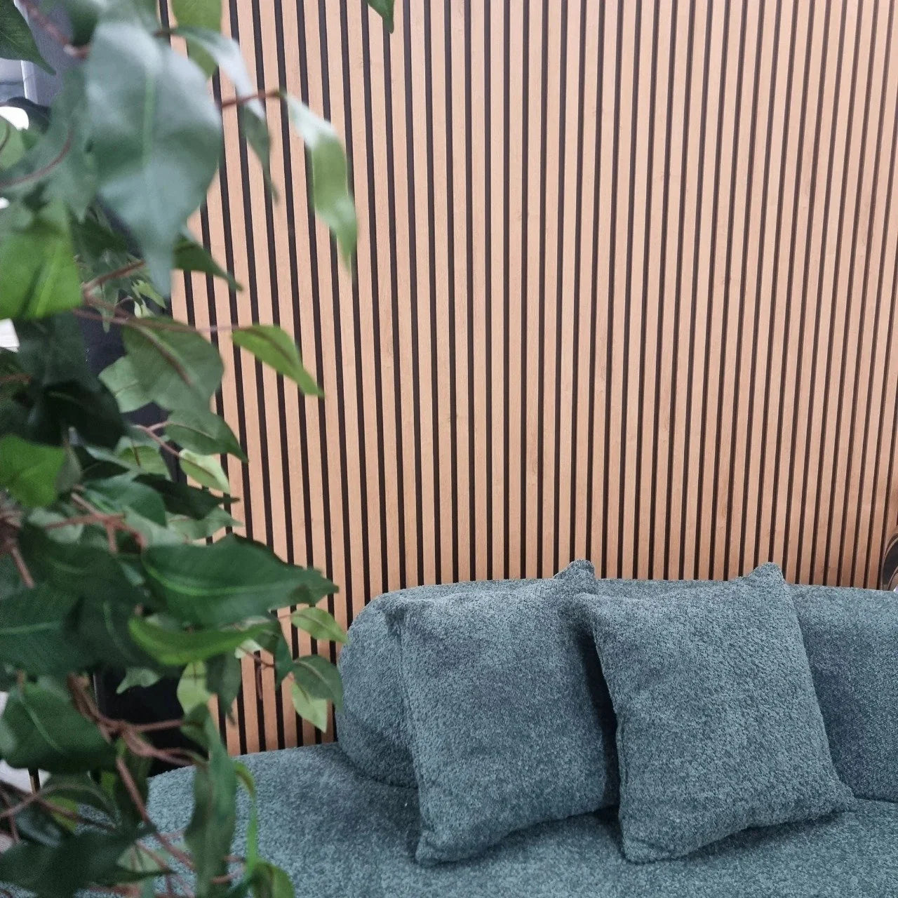 Light Oak WPC slatted wall panels with natural wood-effect finish