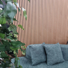 Light Oak WPC slatted wall panels with natural wood-effect finish