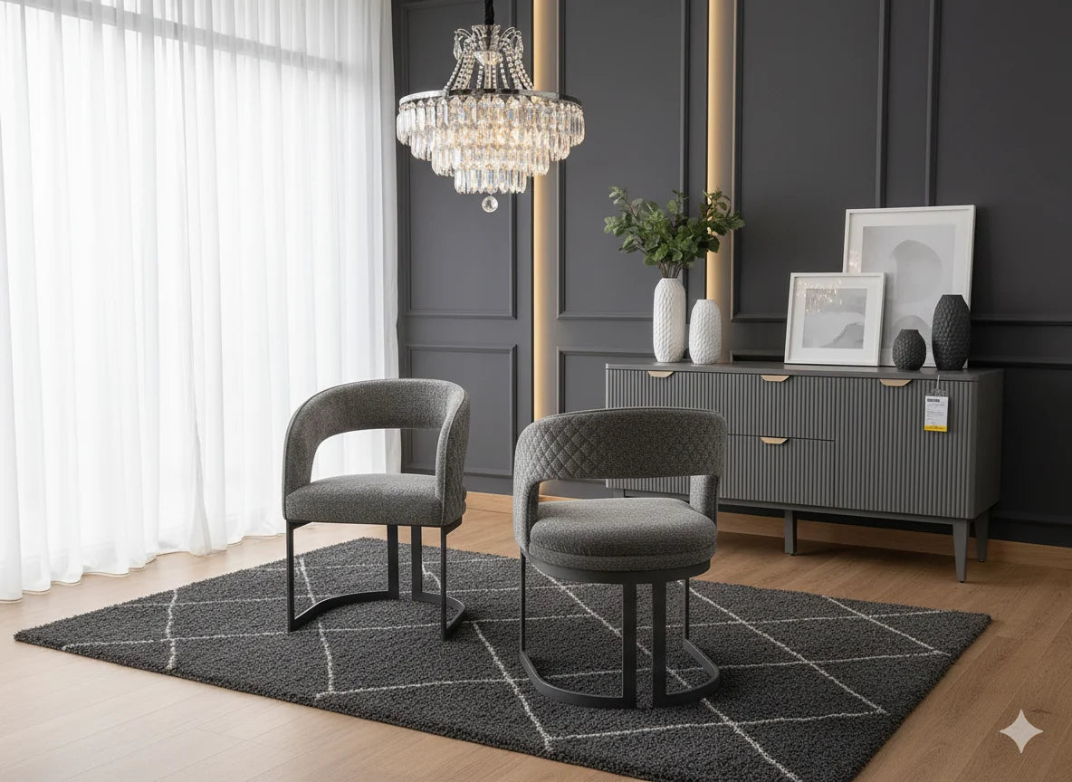 Grey and black marble dining table creating a dramatic contemporary focal point in a UK home