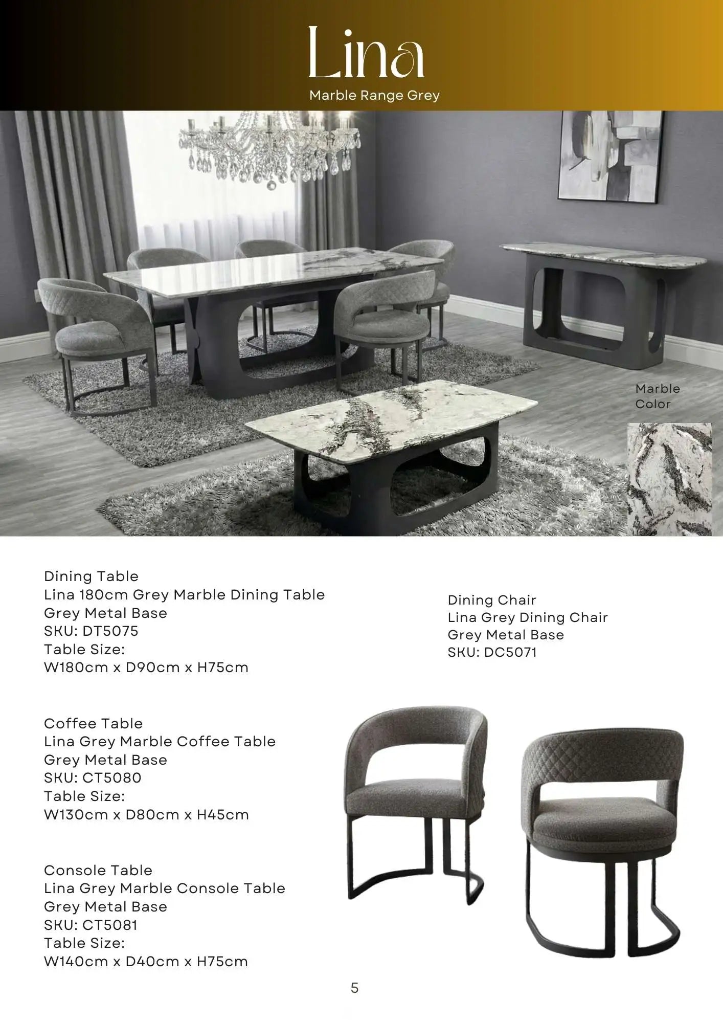 Lin grey marble dining table with upholstered chairs for stylish 4 to 6 seater UK dining rooms