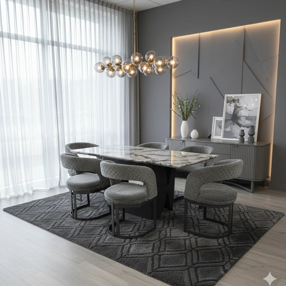 Lin grey marble dining table with upholstered chairs for stylish 4 to 6 seater UK dining rooms
