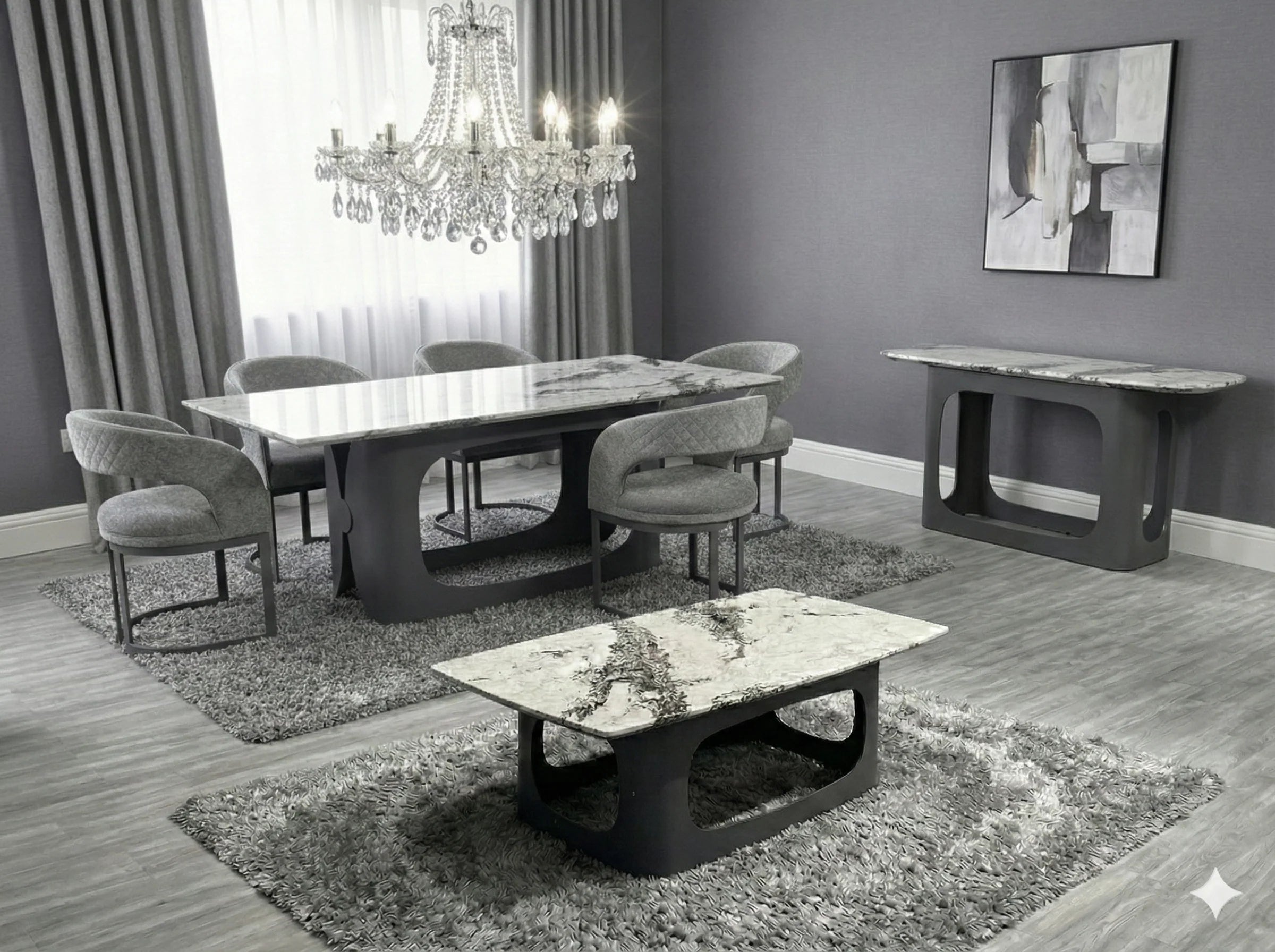 Modern grey marble dining set with fabric chairs for open-plan kitchens and dining areas
