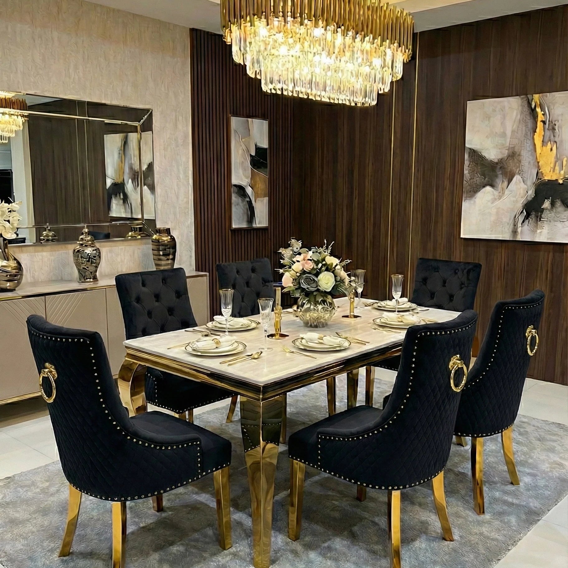 Luxury black gold marble dining set with statement lion knocker chairs for elegant residences in Chelsea, Mayfair and Kensington London