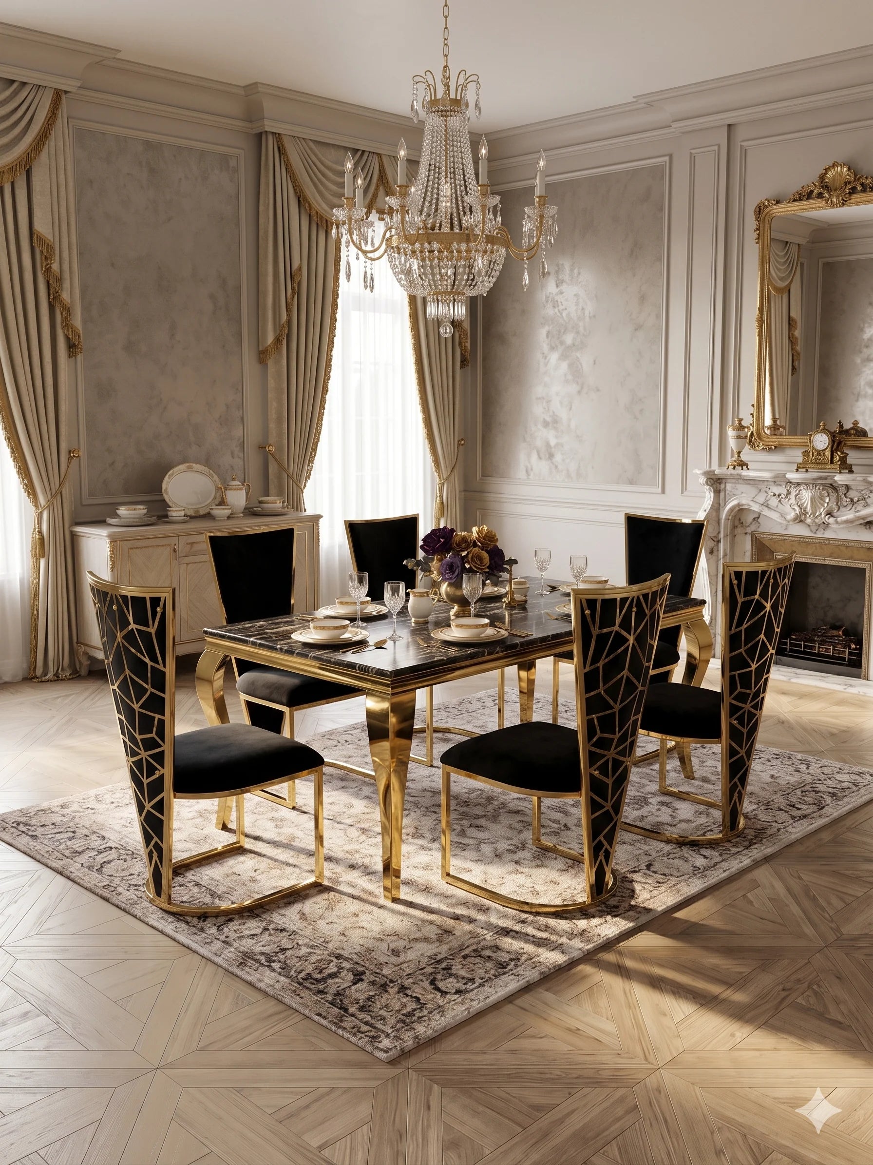 Luxury marble dining table set UK featuring black and gold finish and fabric Vienna chairs for stylish homes in Surrey, Ascot and Berkshire