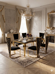 Luxury marble dining table set UK featuring black and gold finish and fabric Vienna chairs for stylish homes in Surrey, Ascot and Berkshire