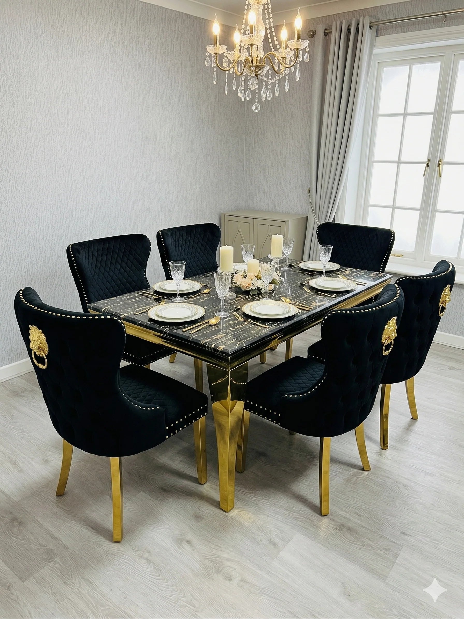 Luxury black marble dining set with gold pedestal base and designer Valentino chairs for sophisticated interiors in Chelsea, Mayfair and Kensington UK