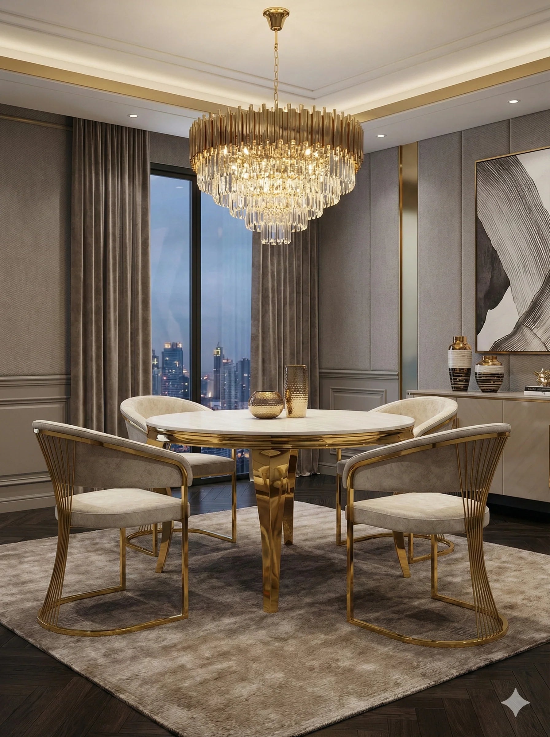 Luxury cream gold marble dining table with Porado dining chairs, designed for high-end homes, penthouses, and executive apartments in Manchester.