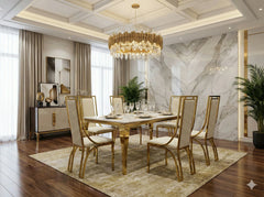 Luxury cream and gold marble dining table with Windsor chairs, perfect for contemporary UK homes, penthouses, and high-end apartments in Manchester.
