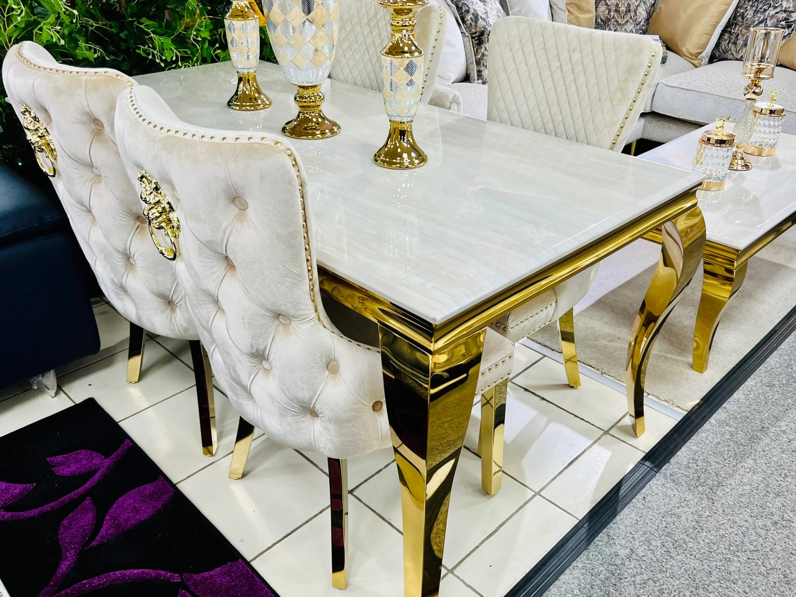 Luxury cream gold marble dining set with Victoria upholstered chairs inspired by boutique hotel interiors in Chelsea, Belgravia and Knightsbridge London