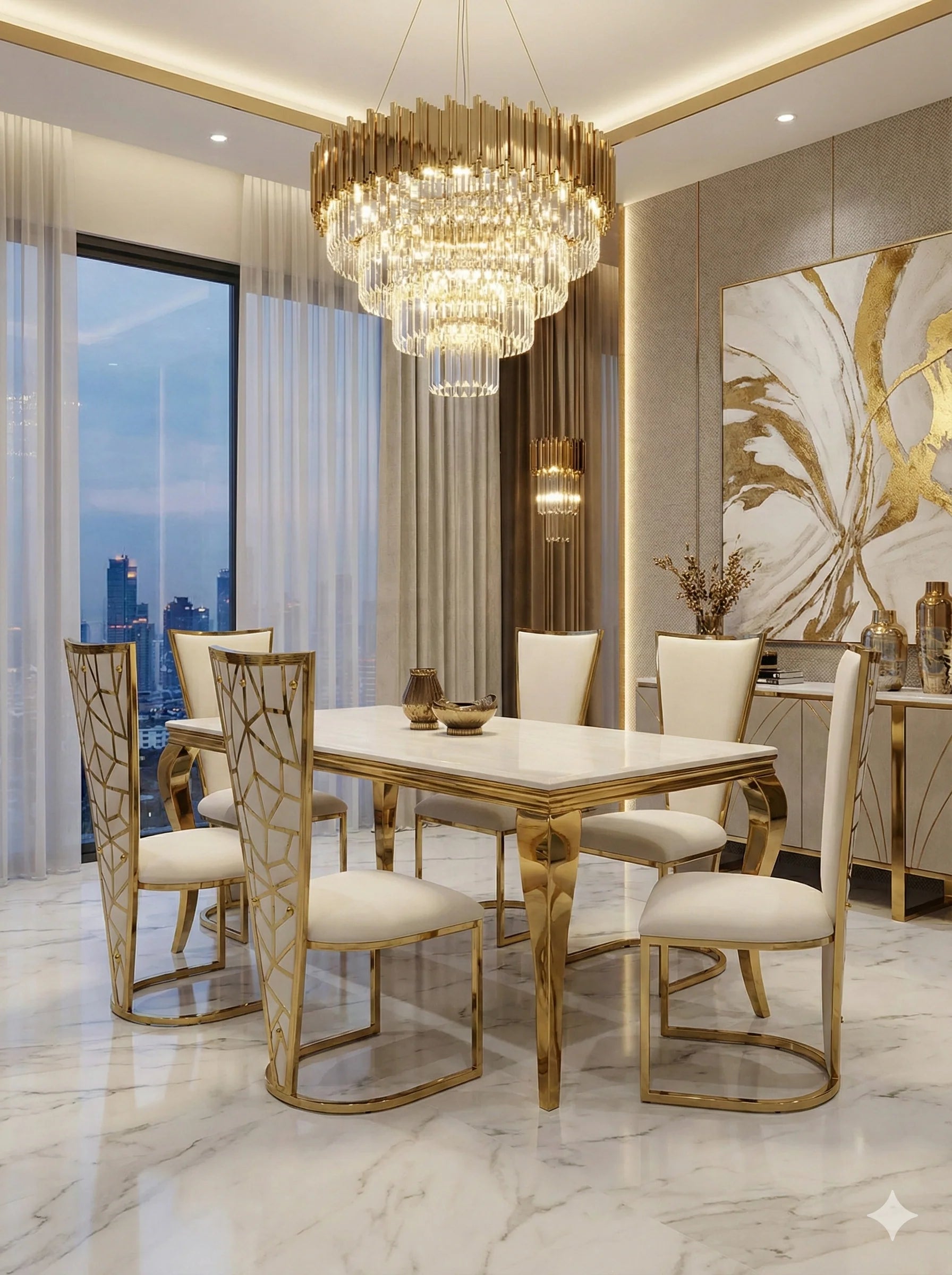 Luxury crema marble dining set with gold detailing and Vienna chairs for sophisticated modern interiors in Chelsea, Knightsbridge and Richmond UK