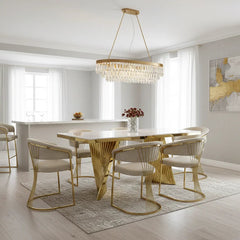 Luxury cream marble dining table with polished gold geometric pedestal base
