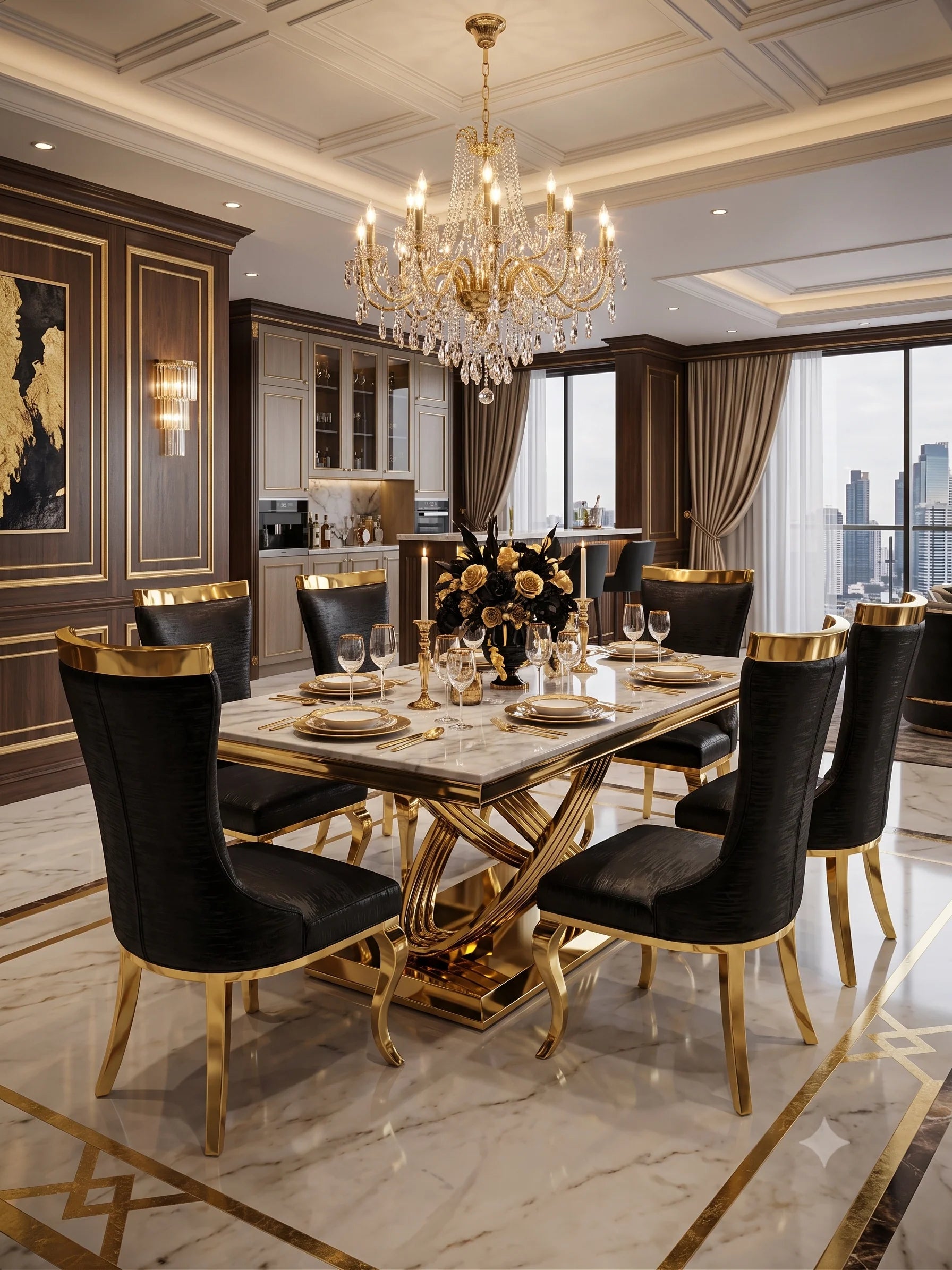 Luxury dining furniture with statement marble table and designer style chairs for a Leeds home