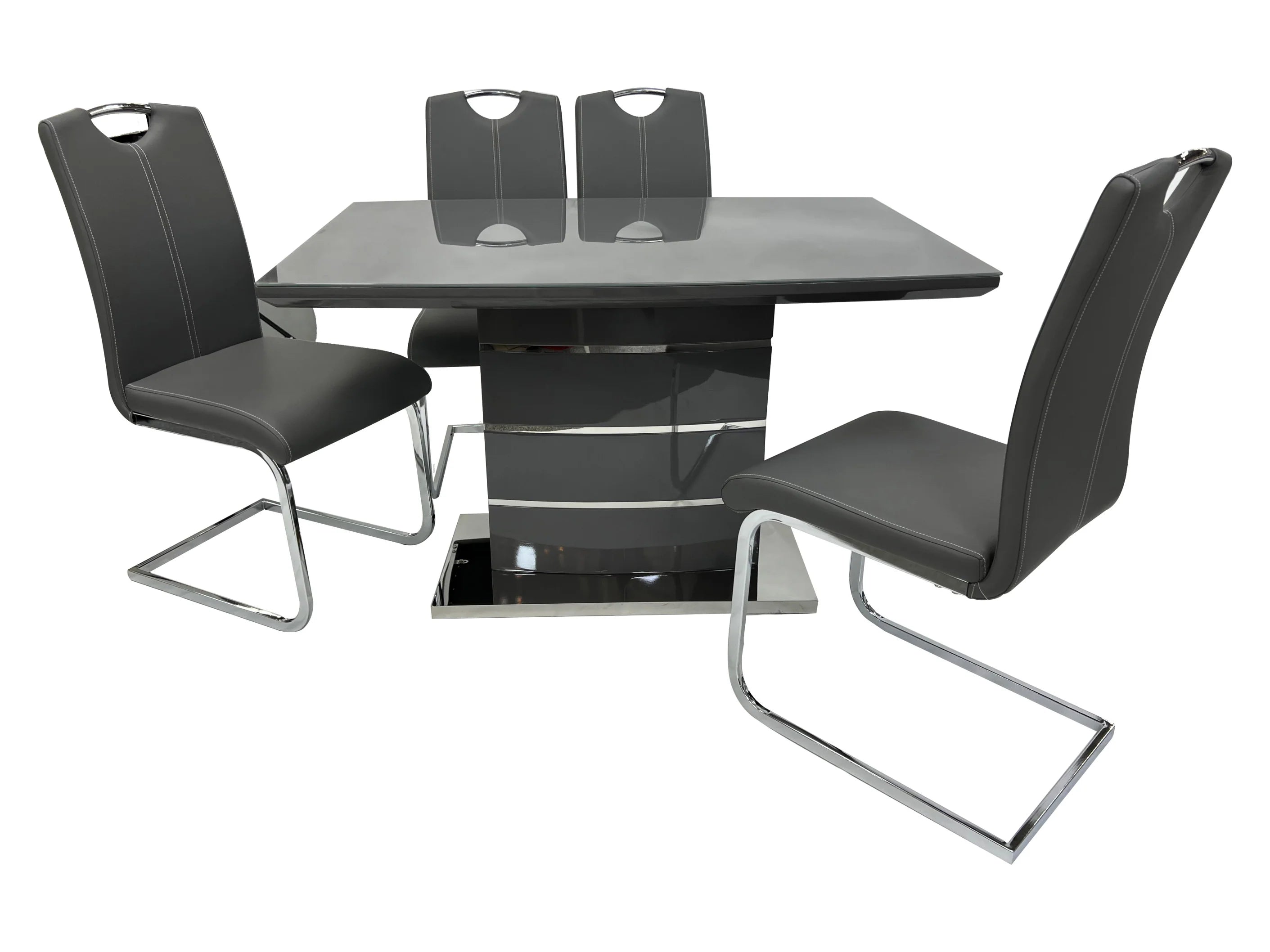 Elegant grey dining room furniture set featuring a sleek rectangular table and four coordinated chairs.