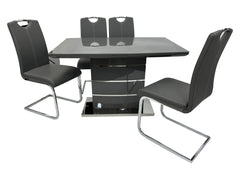 Elegant grey dining room furniture set featuring a sleek rectangular table and four coordinated chairs.