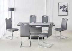 Grey Milan dining chair with soft PU upholstery and stylish chrome legs