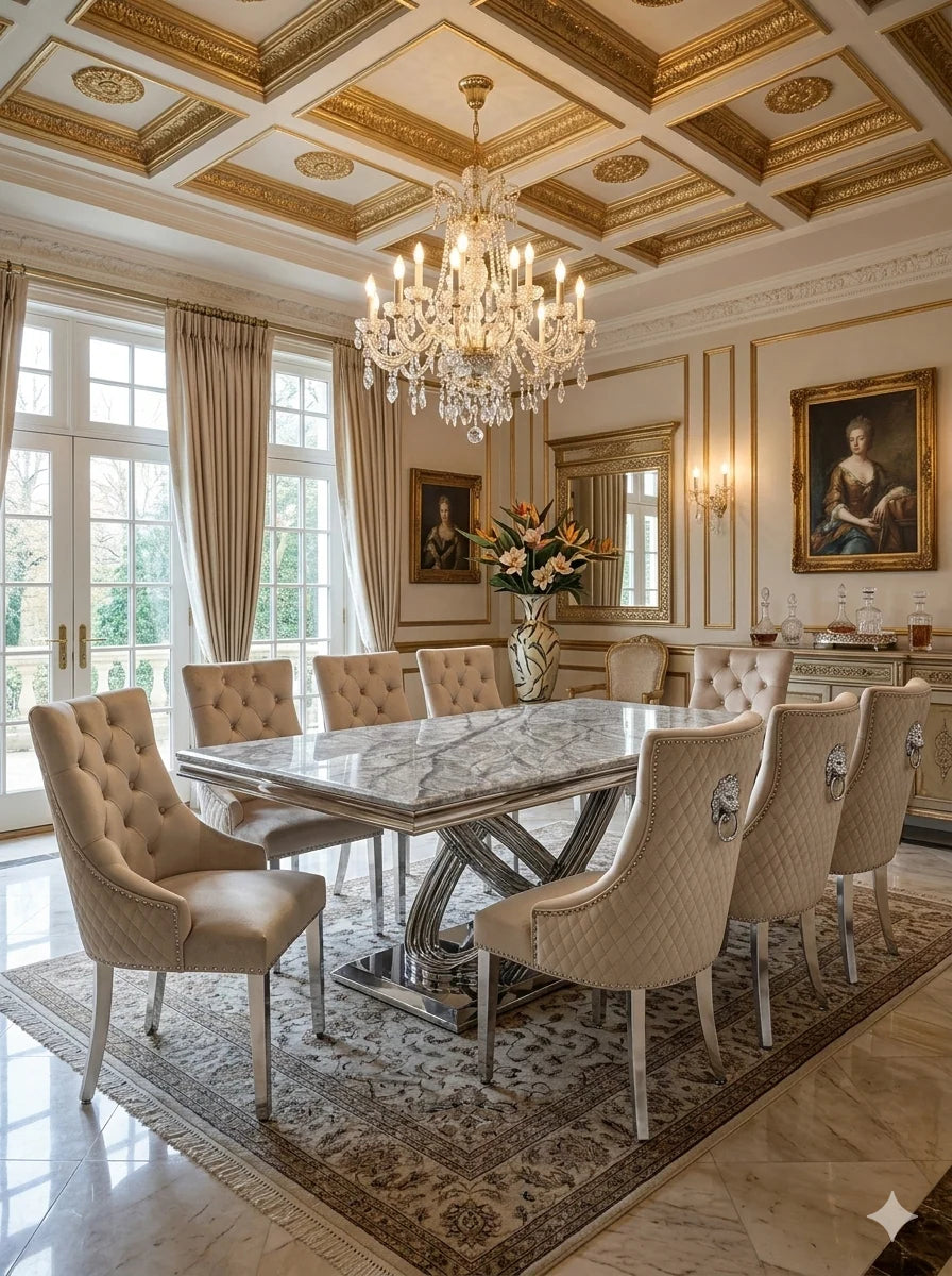 Luxury grey marble dining table and velvet Lion Knocker chairs designed for sophisticated UK homes