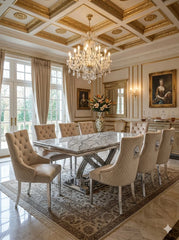 Luxury grey marble dining table and velvet Lion Knocker chairs designed for sophisticated UK homes